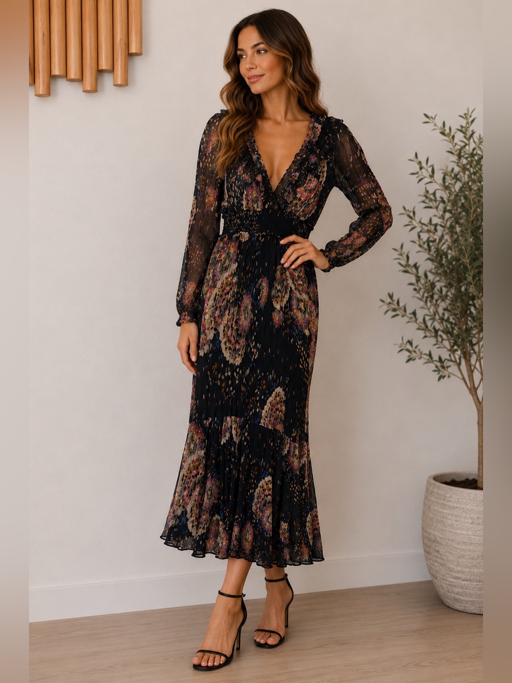 Anthropologie Small Boho Floral Sheer Sleeve Midi Dress Navy with pockets :)